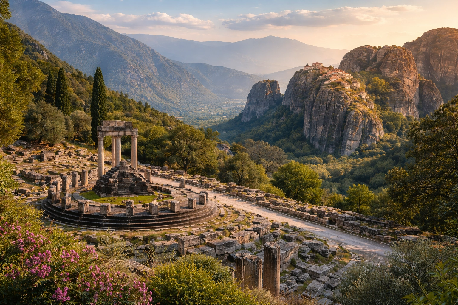 The monasteries of Meteora standing on their rock pillars at sunset